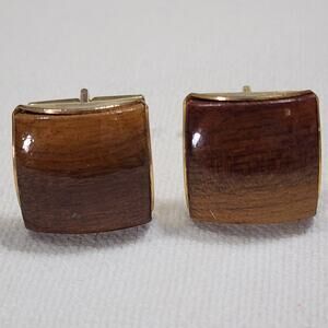 Curved Rectangular Stained Wood Inlay Cufflinks Gold Tone Frame T Bar Cufflinks